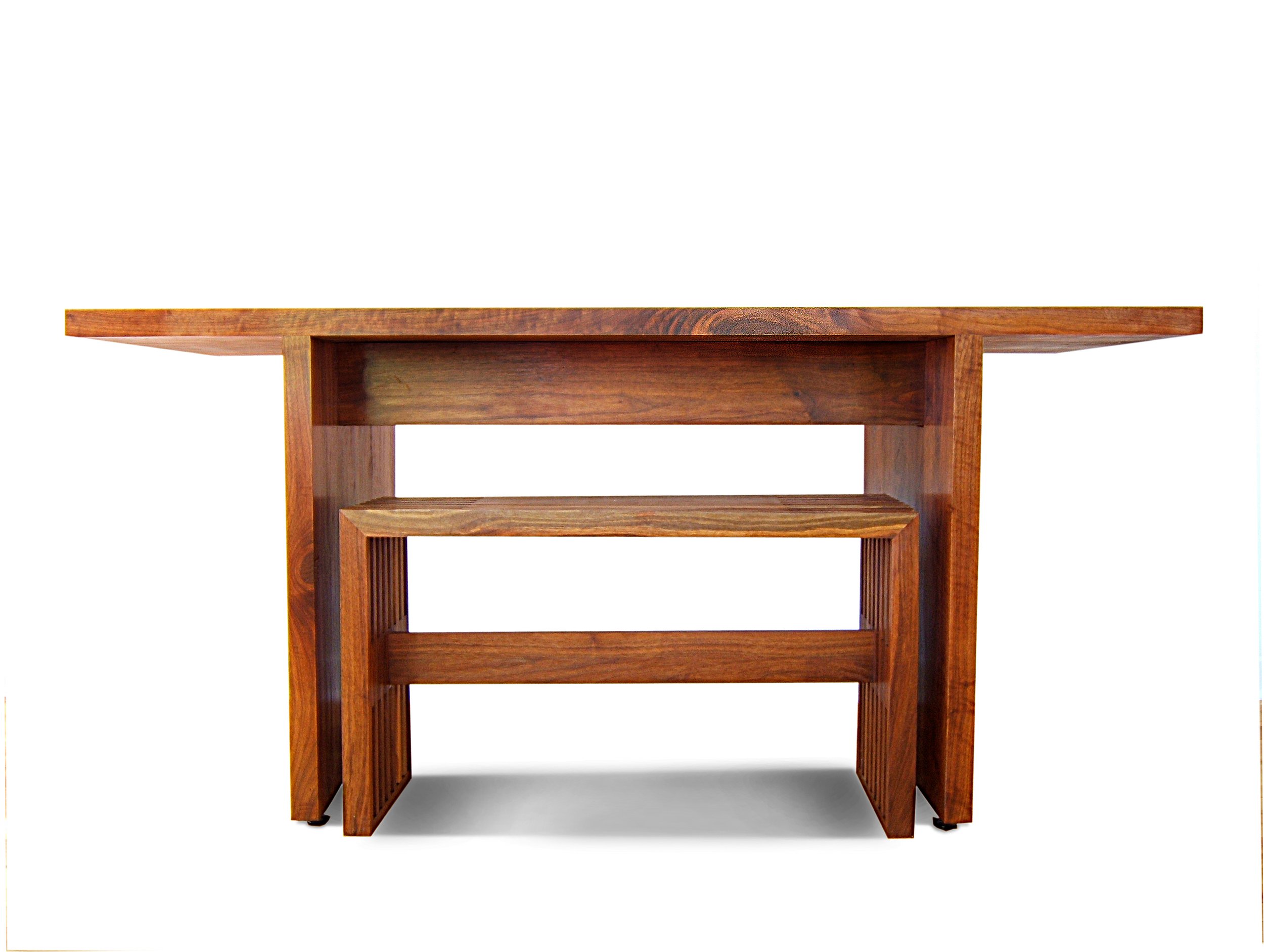 Walnut harvest table and nesting walnut slat bench 