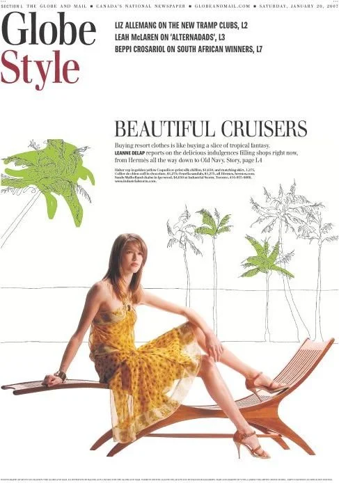 Magazine cover featuring model seated on cherry chaise lounge