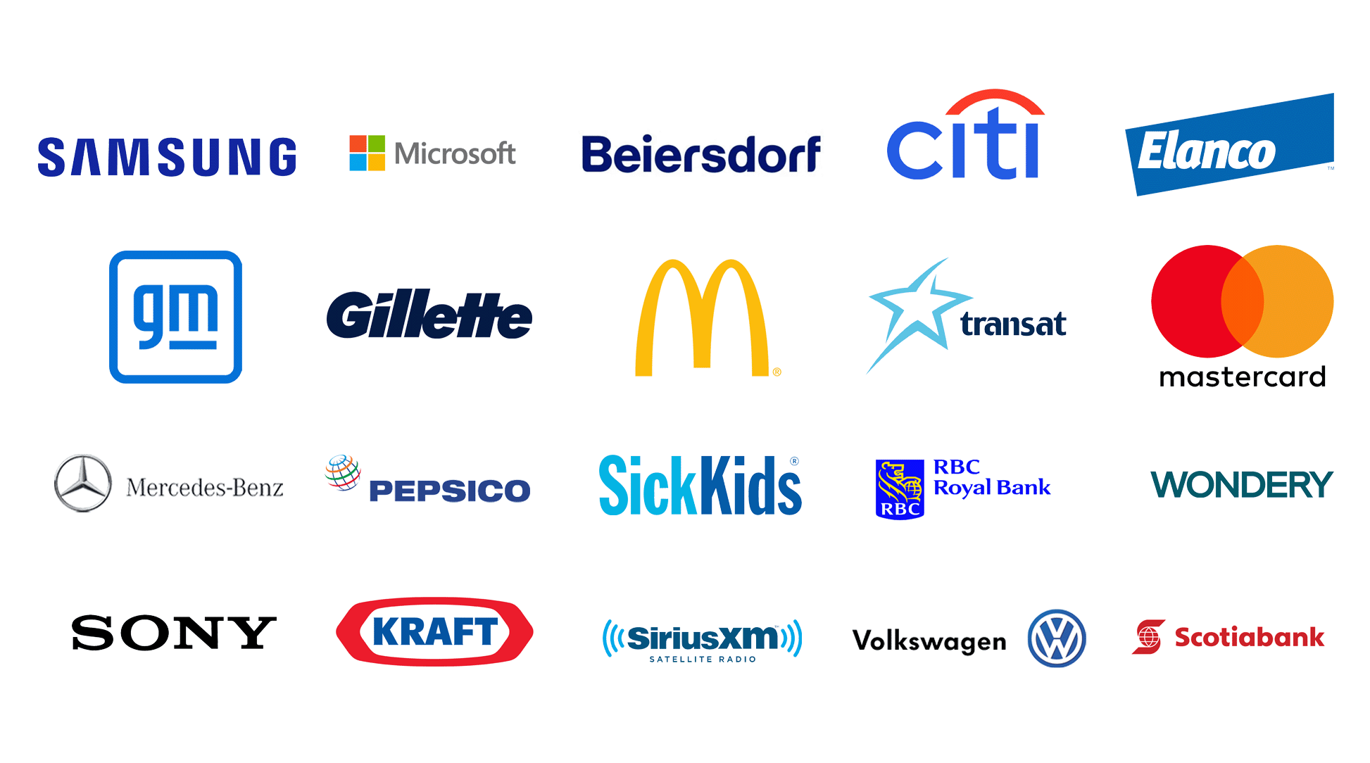 Logos: Samsung, Microsoft, Beiersdorf, Citibank, Elanco, General Motors, PESPSICO, SickKids, RBC Royal Bank, Wondery Podcasts, KRAFT, SiriusXM Satellite Radio, Volkswagen, Scotiabank, Mercedes-Benz, SONY