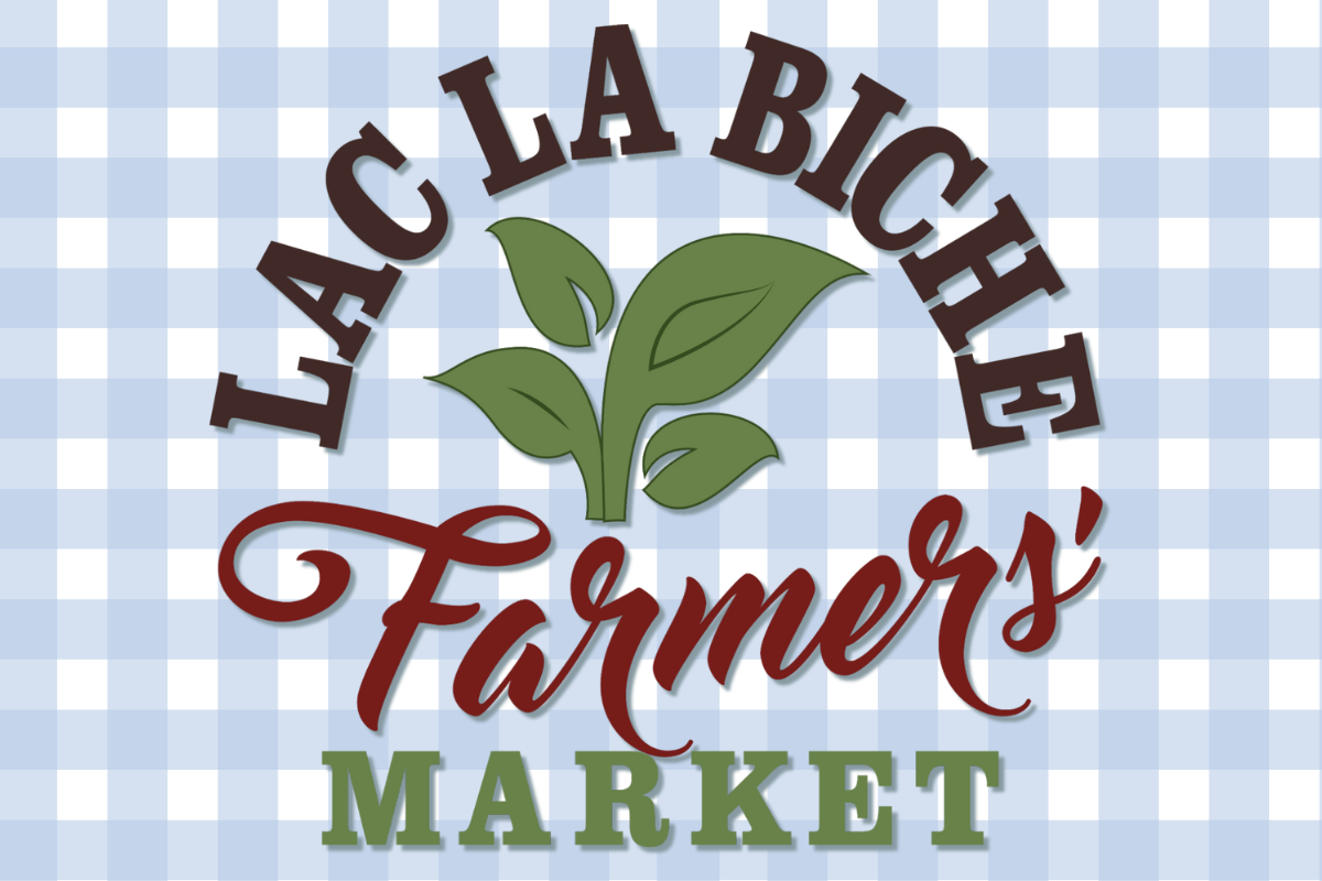 Logo for La La Biche Farmer's Market with a plant in the center and text around it on a blue checkered background.