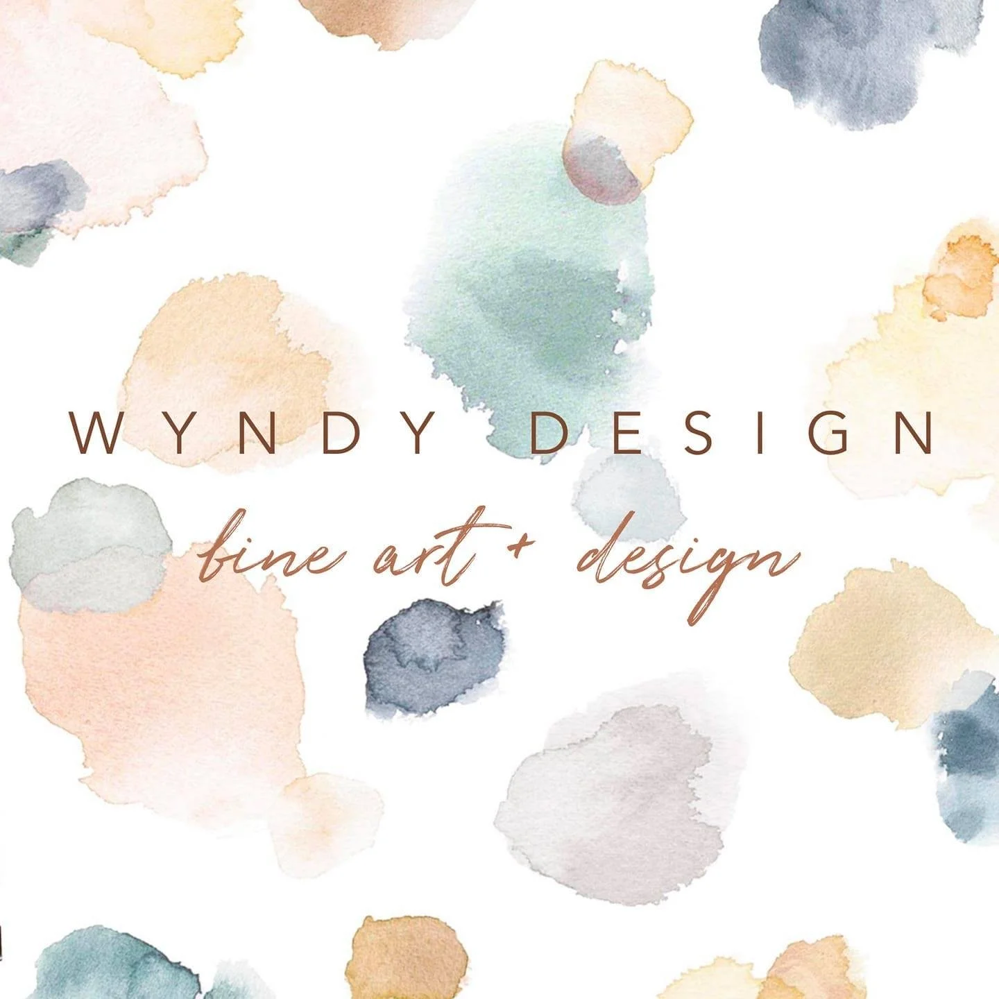 Watercolor splotches in pastel shades with overlaid text reading 'Wyndy Design, fine art + design'.