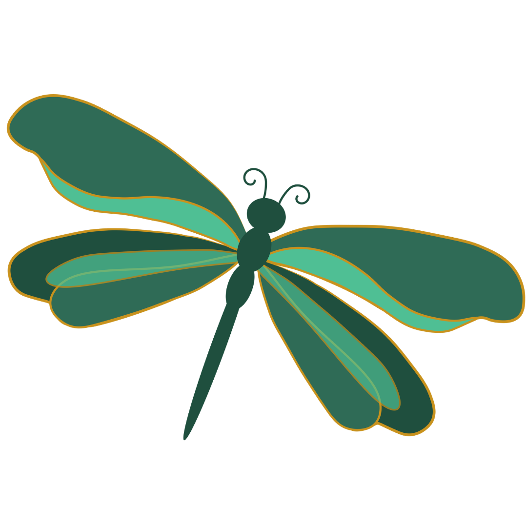 Illustration of a dragonfly with green wings and dark body.