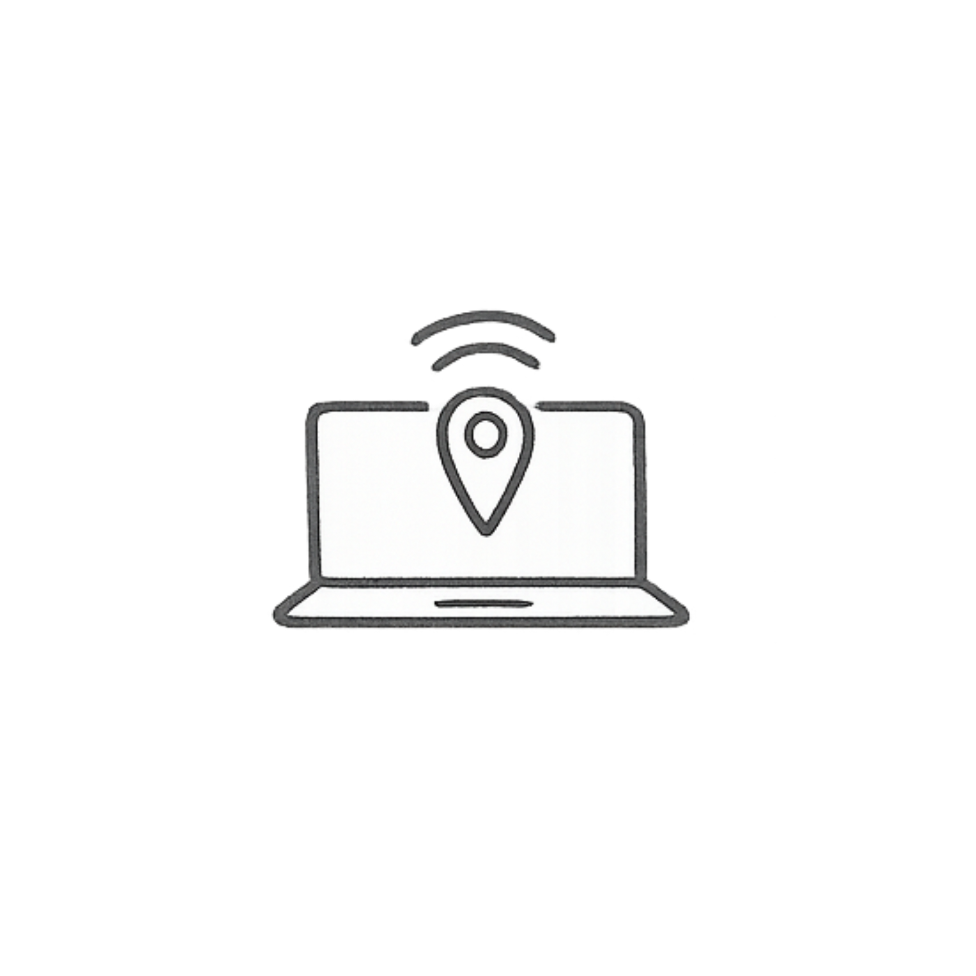 Laptop with a location pin and Wi-Fi signal icon, symbolizing location tracking or GPS technology.