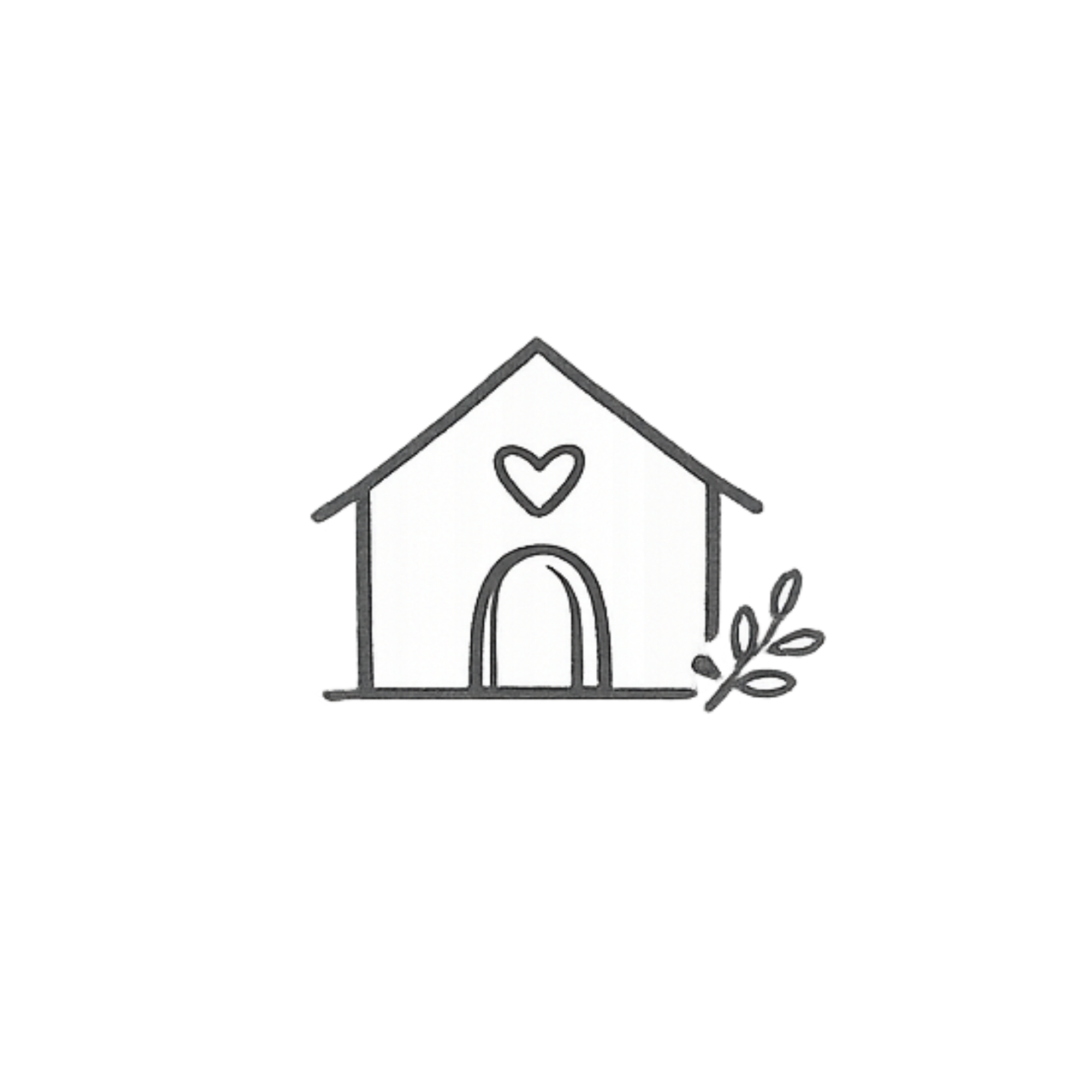 Black and white illustration of a simple building with a heart above the door, a plant with leaves to the right 