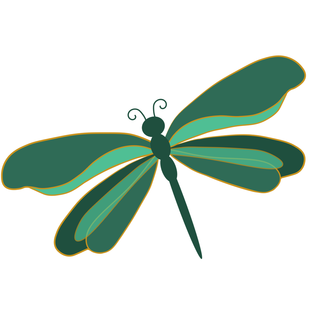 Illustration of a dragonfly with green and teal wings.