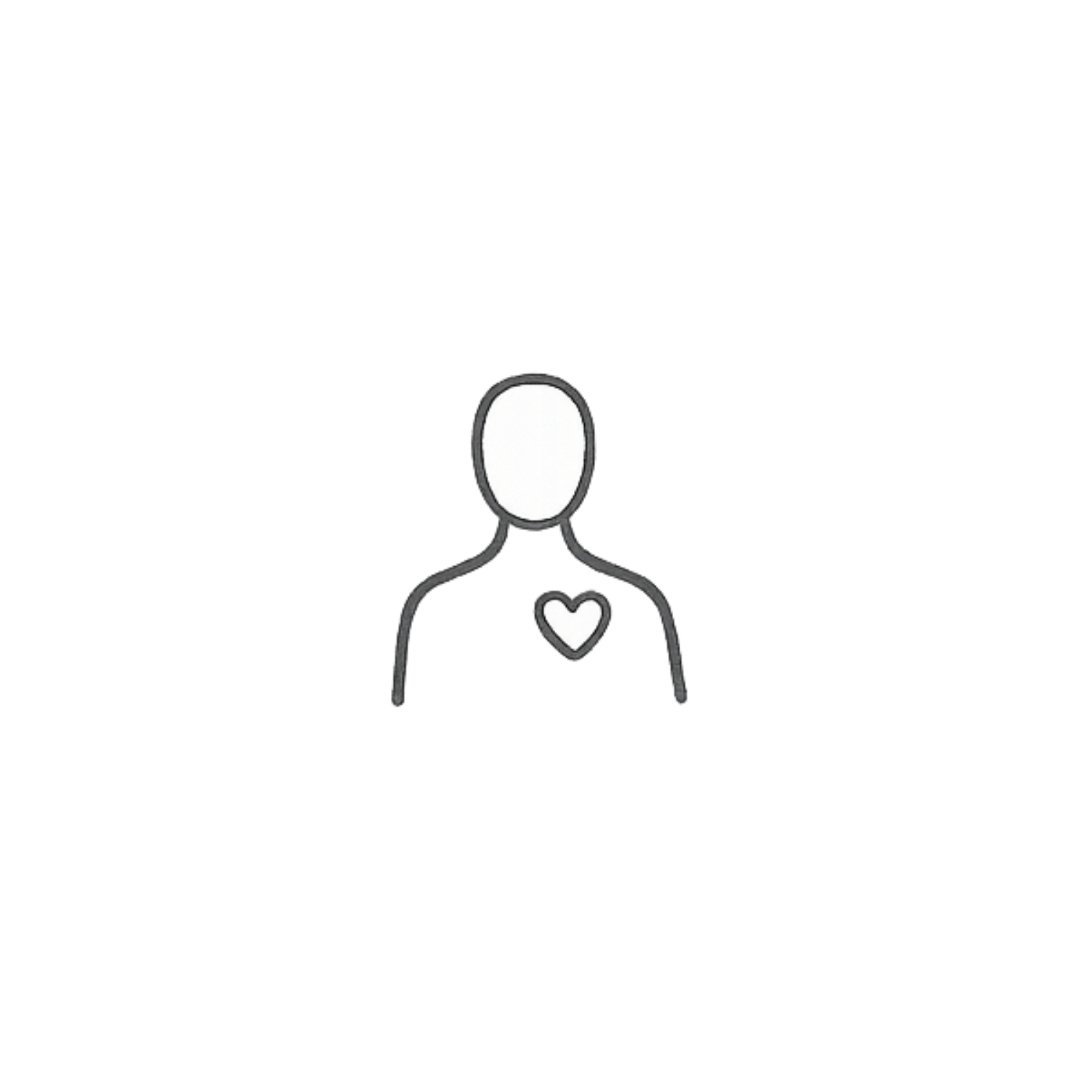 Outline drawing of a person with a heart symbol on their chest, indicating a process of listening, understanding, caring, and acting