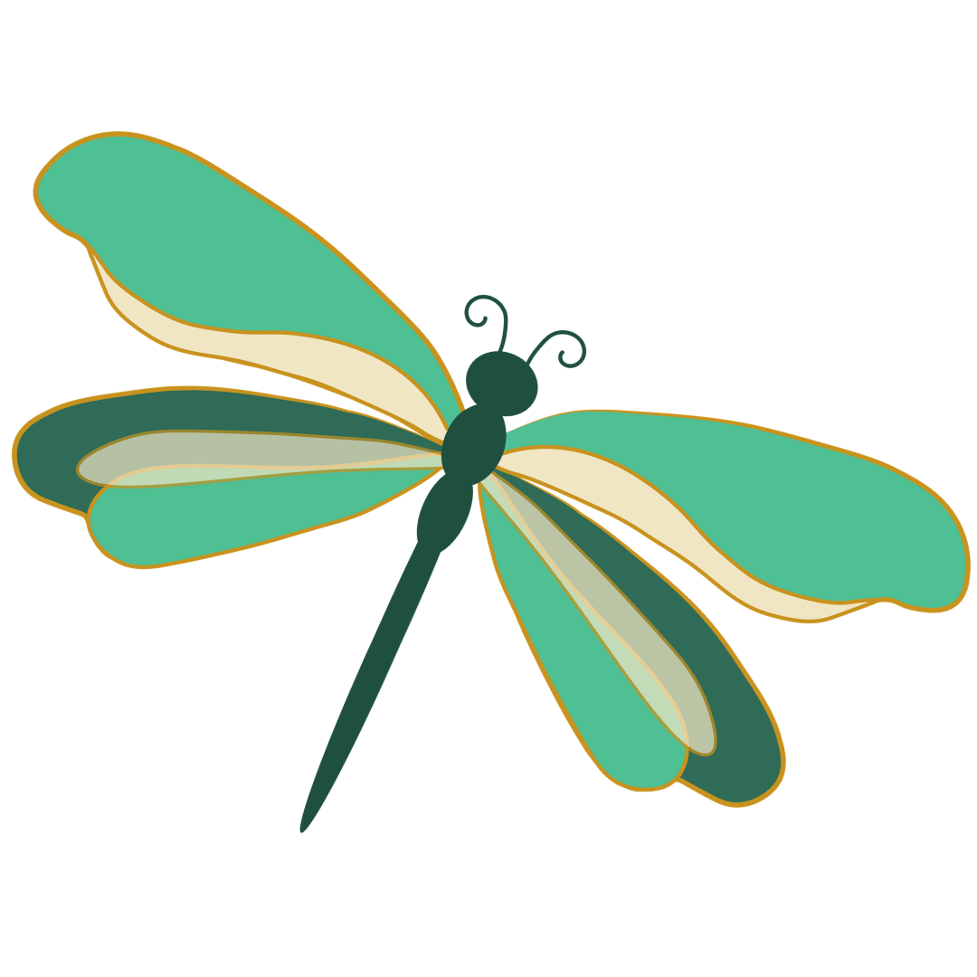 Illustration of a dragonfly with teal, cream, dark green, and purple colors on its wings and body.