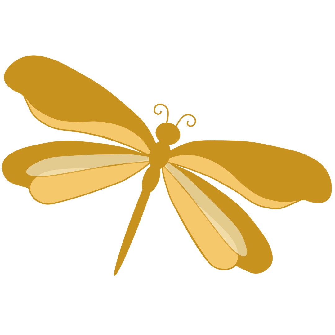Golden dragonfly illustration with detailed wings and antennae.