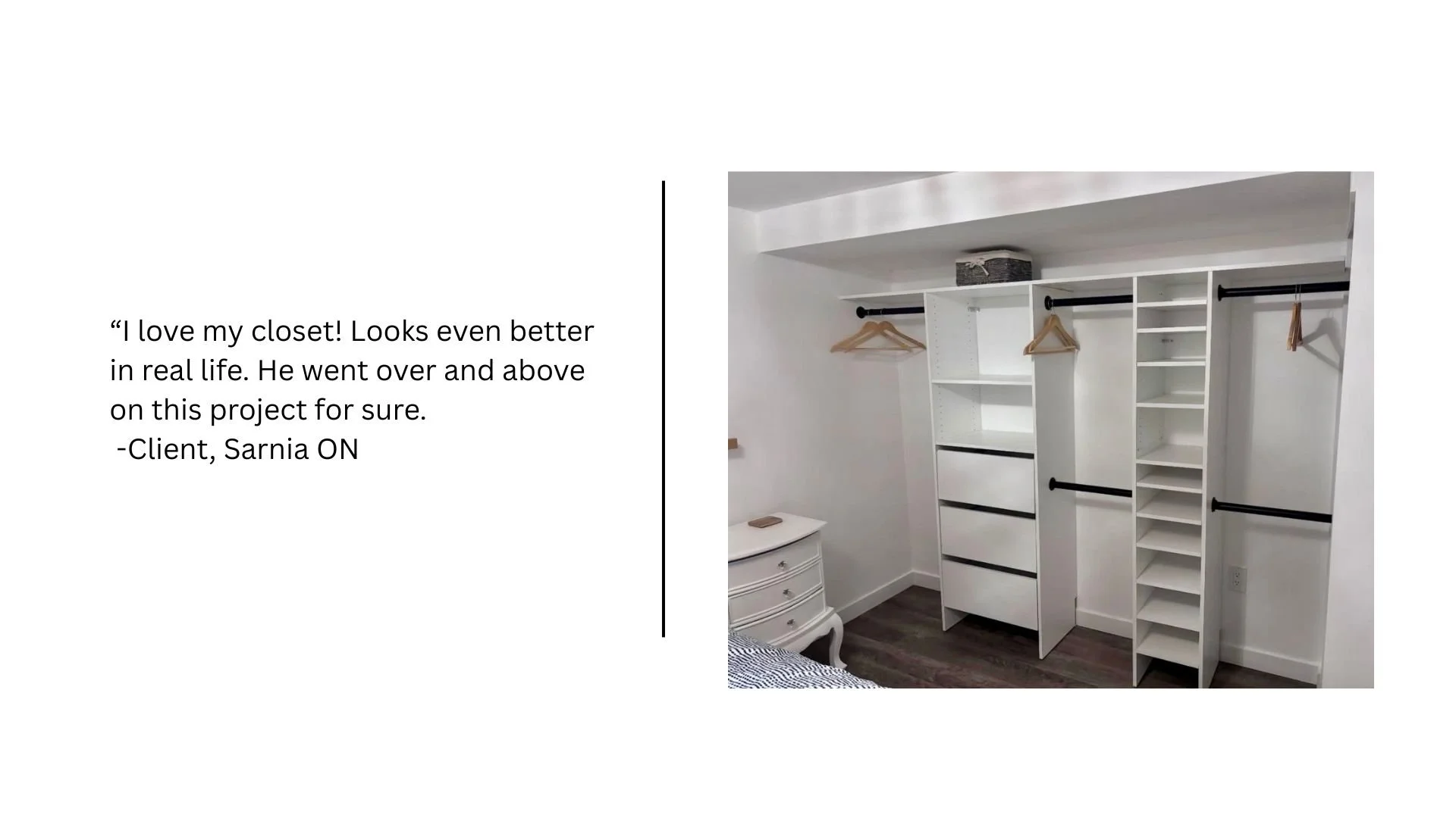 Custom built-in closet with white shelving and drawers installed by finish carpenter in Sarnia Ontario