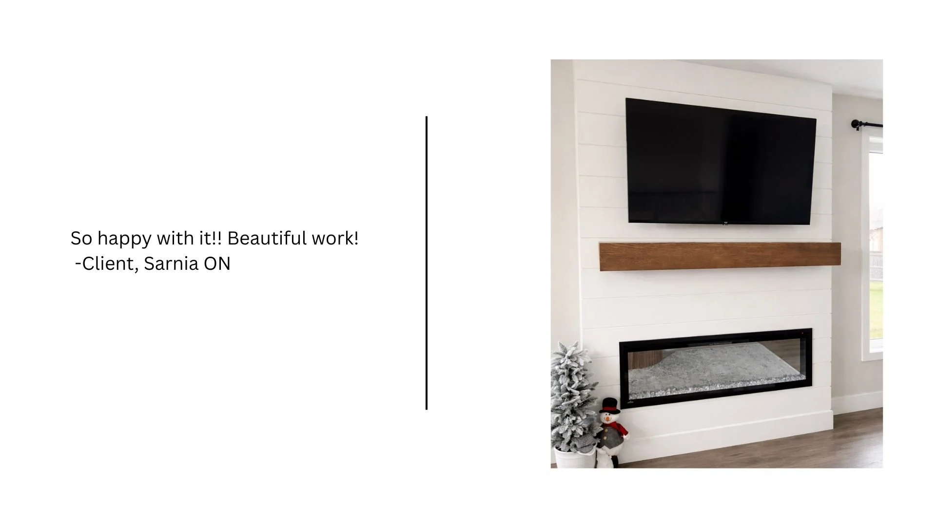 Custom wood fireplace mantel with modern linear fireplace and trim carpentry
