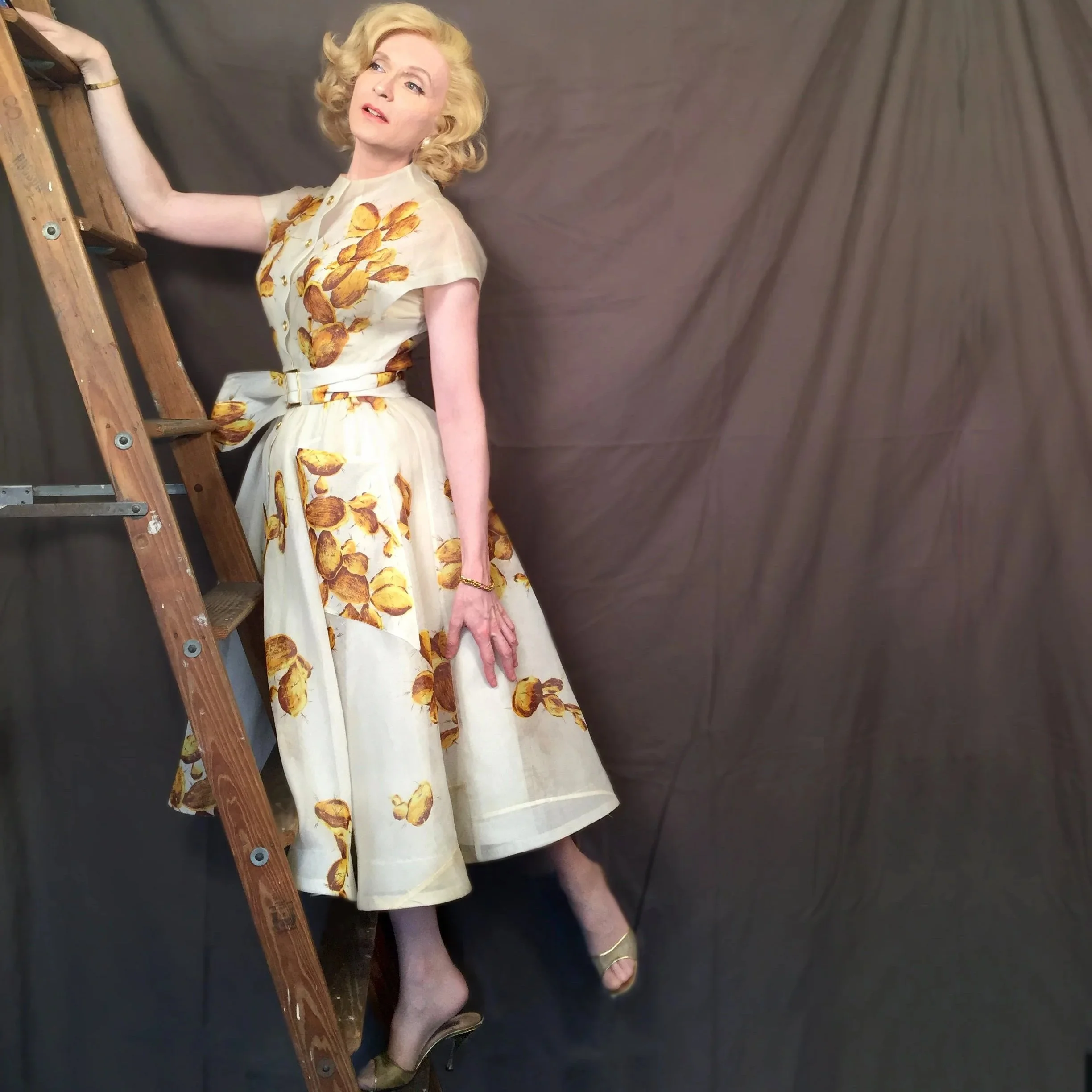 Brini Maxwell on a rustic ladder wearing a 1950's cotton organdy afternoon dress with prickly pear cactus printed on it.