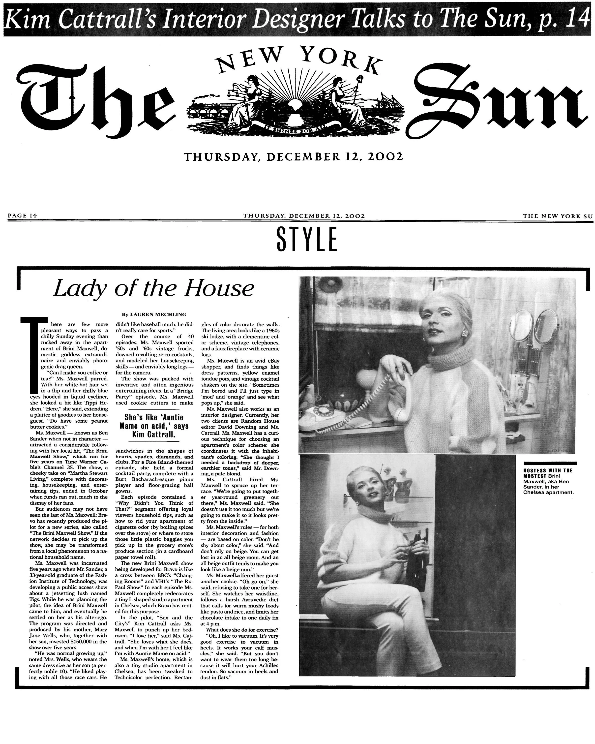 Clipping from The New York Sun newspaper featuring Brini Maxwell.