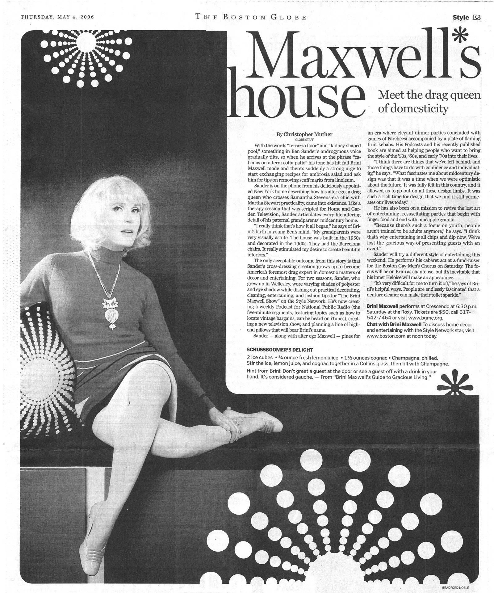 A black and white newspaper page featuring Brini Maxwell dressed in a 1960’s mod sweater and skirt, sitting on a counter with her legs crossed. The page discusses her TV show and appearance at the Boston Gay Men's Chorus.