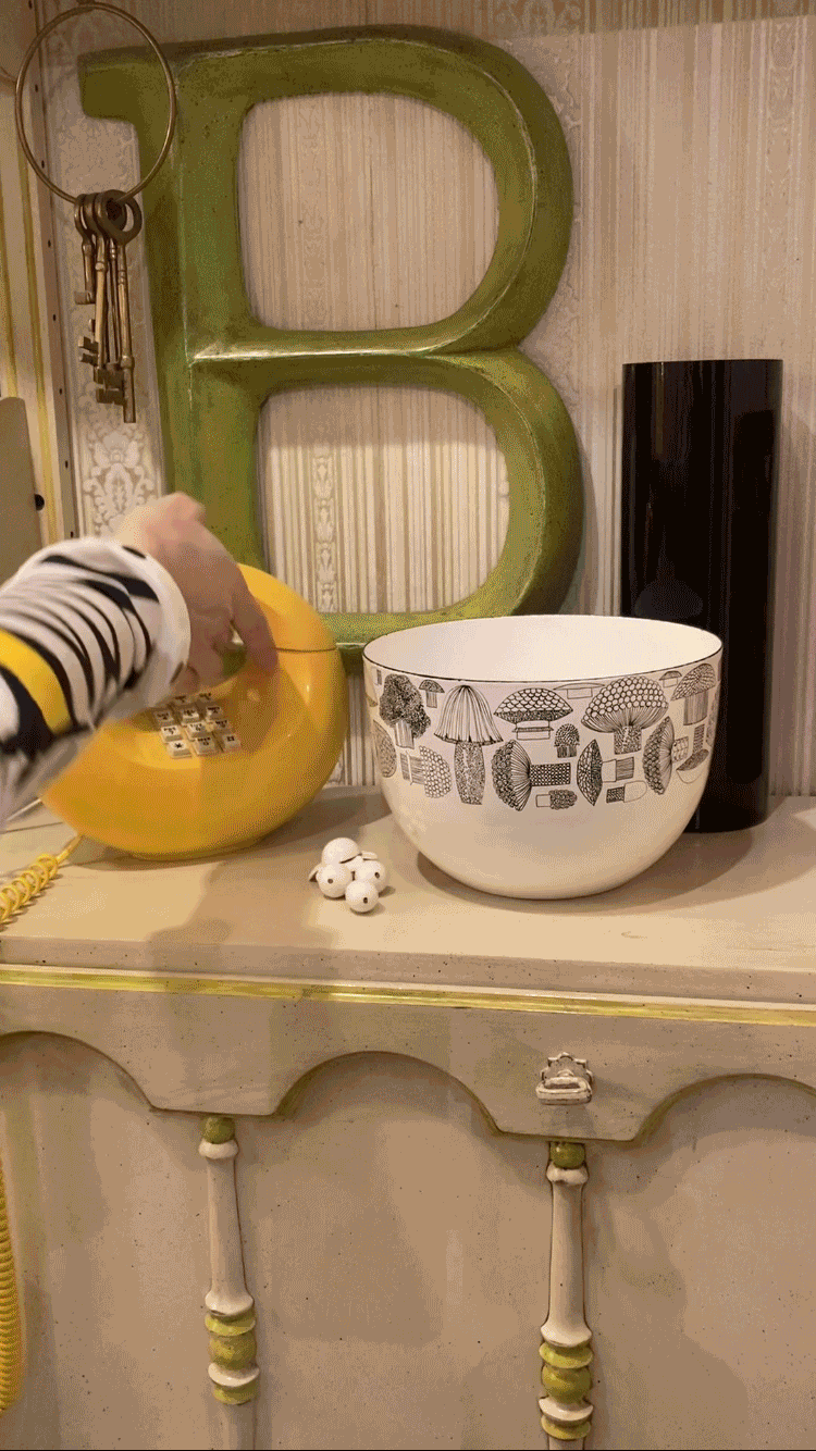 Brini Maxwell showing off a variety of vintage rotary and mid-century telephones.