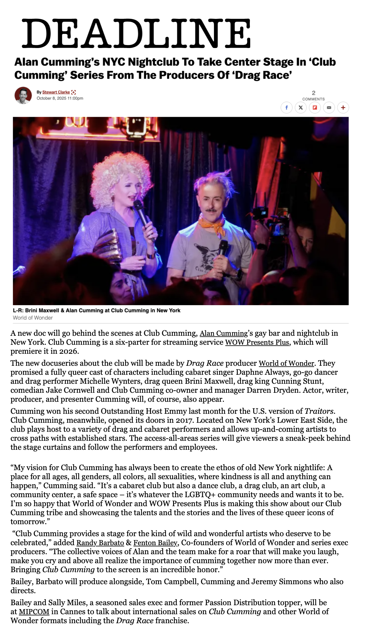 Clipping from 'DEADLINE' about Alan Cumming's NYC nightclub, Club Cumming, becoming the set for a series from the producers of 'Drag Race'. The article features a photo of Alan and Brini Maxwell on stage.