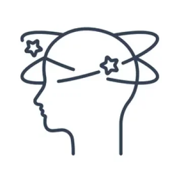 Outline of a human head with a star in each eye and orbital paths around the head.