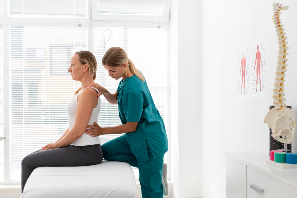 A healthcare professional examining a woman’s shoulder in a clinical setting with anatomy posters on the wall and a model of a human spine.
