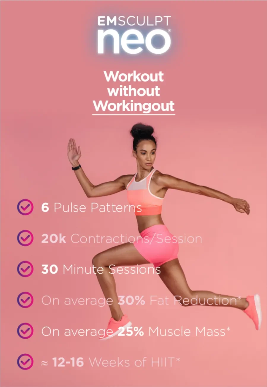 Pink background with a woman in athletic wear performing a workout pose, advertising Emsculpt Neo for workout without working out, listing benefits including pulse patterns, contractions per session, session duration, fat reduction, muscle mass increase, and weeks of HIIT.