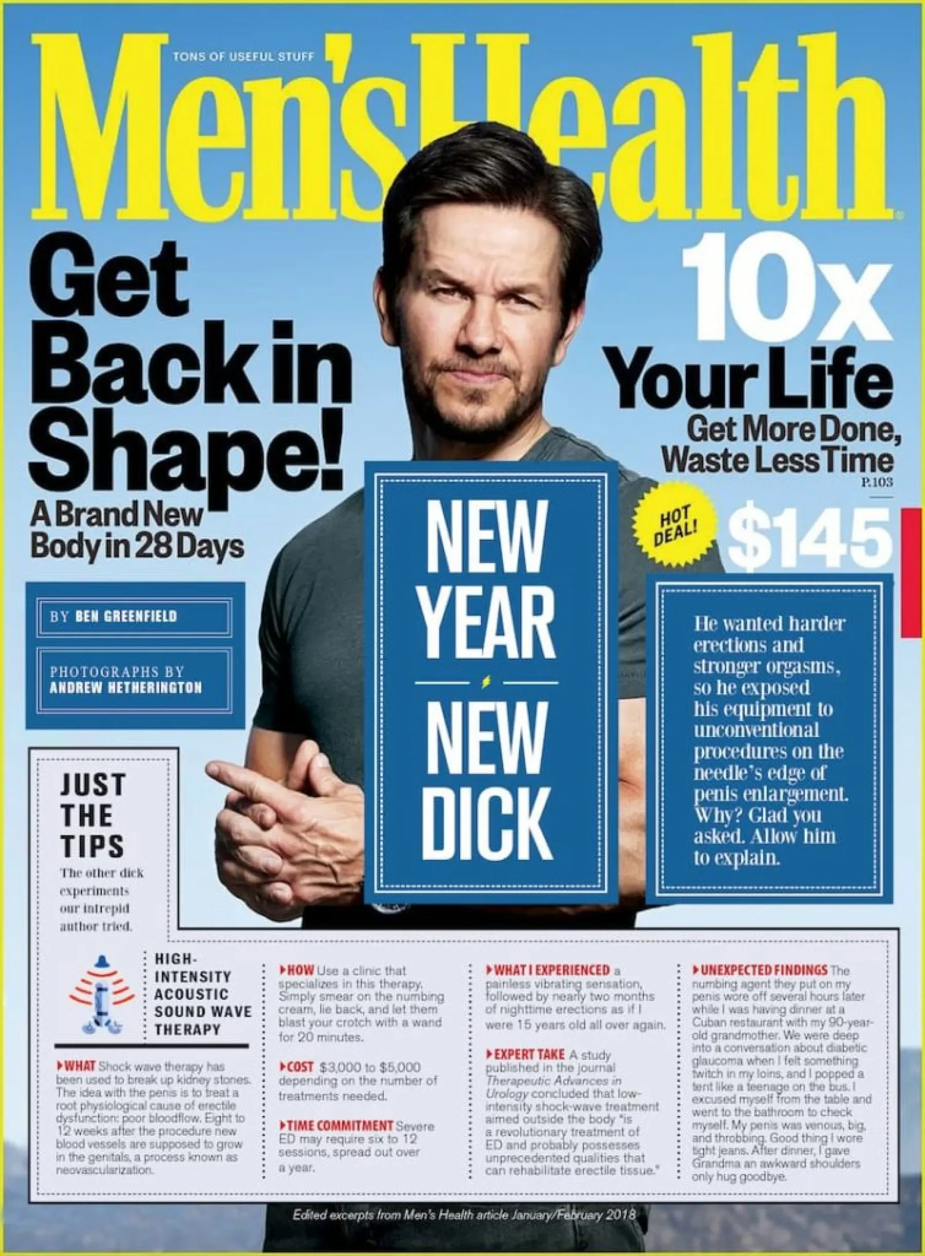 Cover of Men's Health magazine featuring a man with dark hair and a beard pointing at the camera. The magazine's title is at the top in large yellow letters. Headlines include 'Get Back in Shape!', '10x Your Life', and 'New Year, New Dick.' There is a blue box in the middle with the text 'NEW YEAR NEW DICK.' Additional articles and tips are listed along the bottom, with various images and graphics surrounding the text.