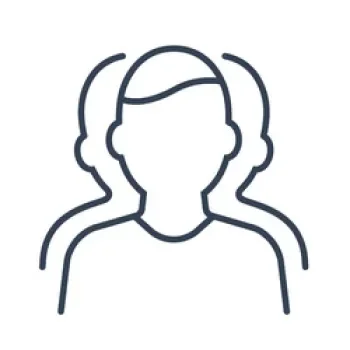 Line drawing of three people, focusing on their heads and shoulders, with no facial features.