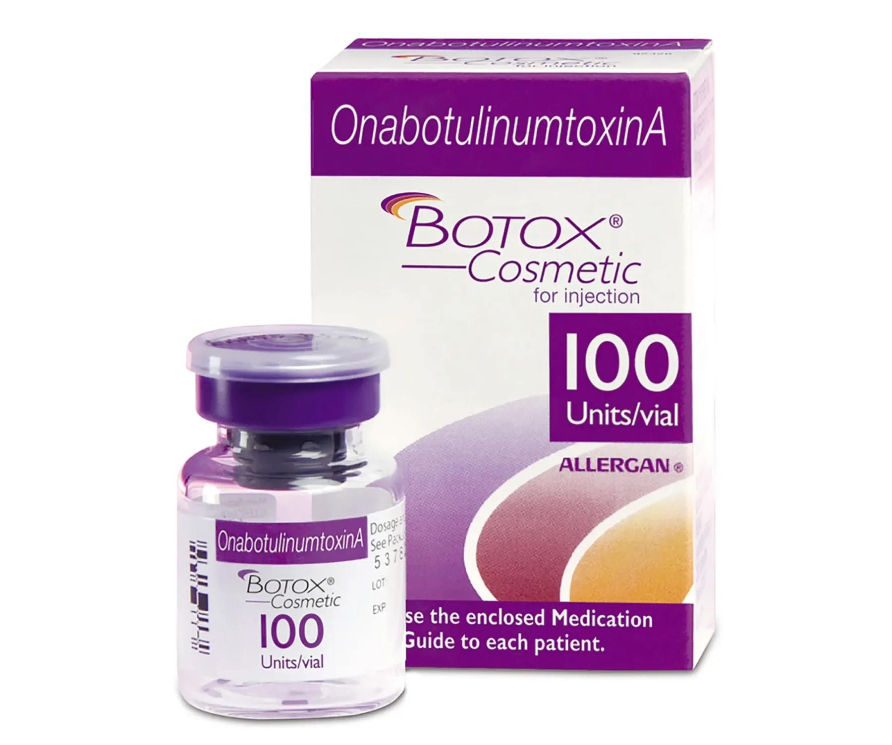A box and vial of Botox Cosmetic OnabotulinumtoxinA for injection, containing 100 units, with purple and white packaging and a purple cap on the vial.