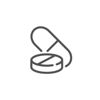 A digital line drawing of a capsule pill and a round tablet.