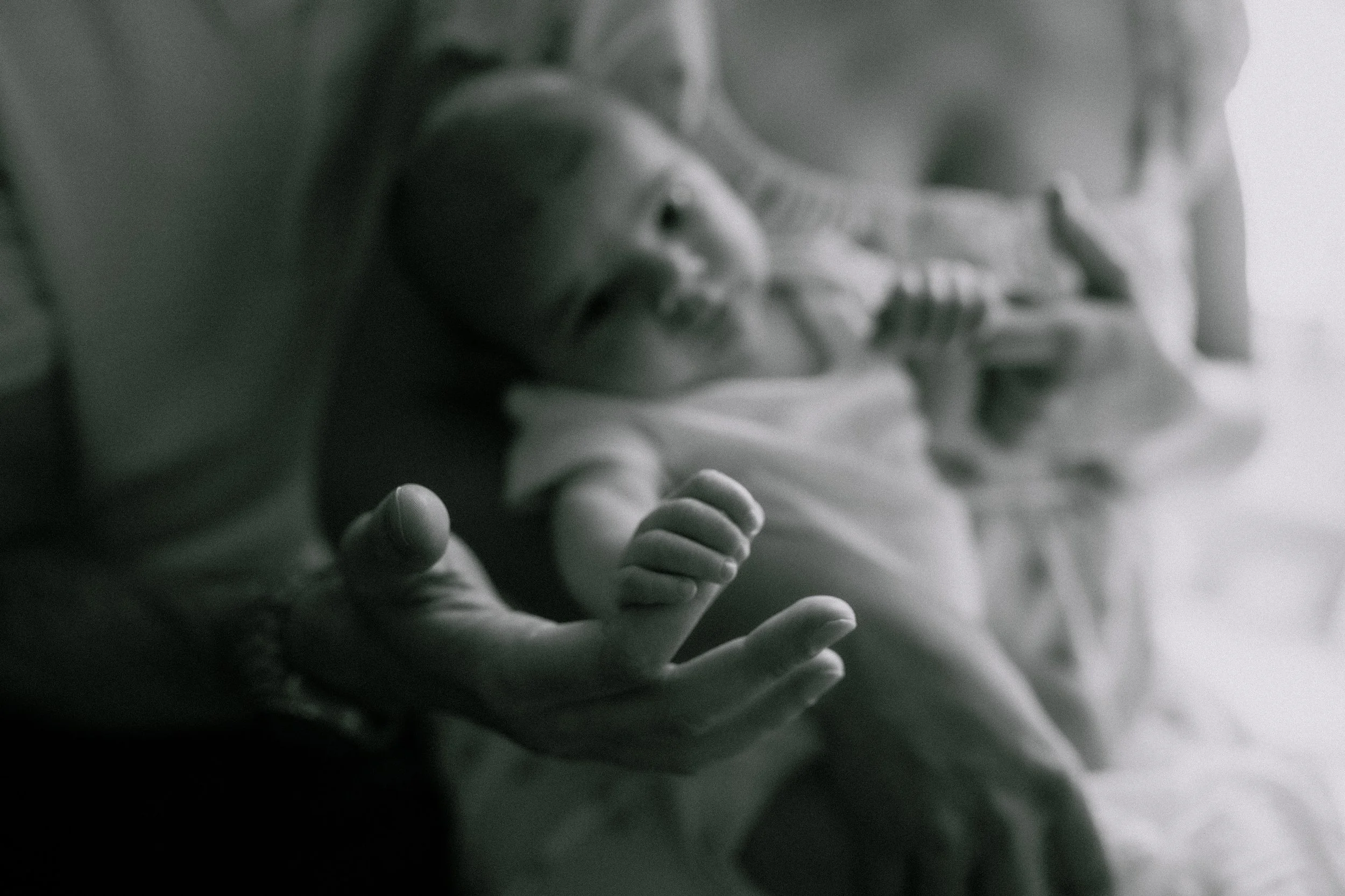 Close-up of a newborn baby lying down, with tiny hands and delicate features.