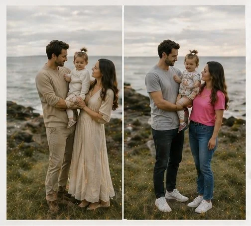 A family of three standing outdoors near a body of water. The man is holding the young girl, and the woman is standing next to them. In the second picture, the man and woman are standing apart, with the girl in the man's arms. The background shows a cloudy sky and rocky shoreline.
