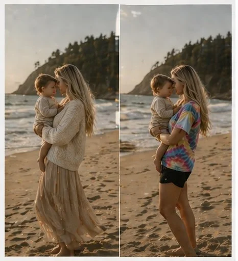A woman holding a young child on a sandy beach, with a hilly coastline in the background, during sunset. The woman is dressed in a long beige skirt and sweater on the left side and in a colorful tie-dye T-shirt and black shorts on the right side.