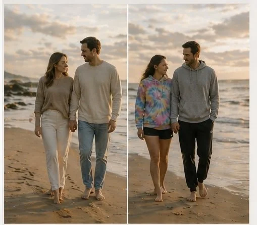 A couple walking hand in hand on the beach at sunset, shown in two different outfits, one casual and the other colorful and tie-dye.