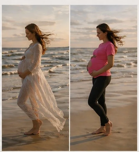 Side-by-side comparison of a pregnant woman walking barefoot on the beach during sunset, wearing a flowing white dress in the left image and a pink shirt with black pants in the right image.