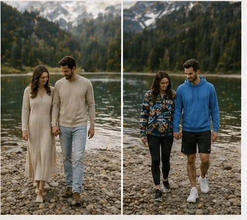 Two couples walking by a river with mountains in the background, one in spring attire and the other in casual outdoor clothing.