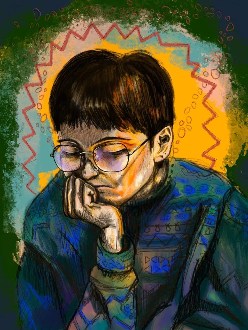 A digital artwork of a person with short dark hair and glasses, resting their face on their hand in a contemplative pose, with vibrant, abstract colorful backgrounds.