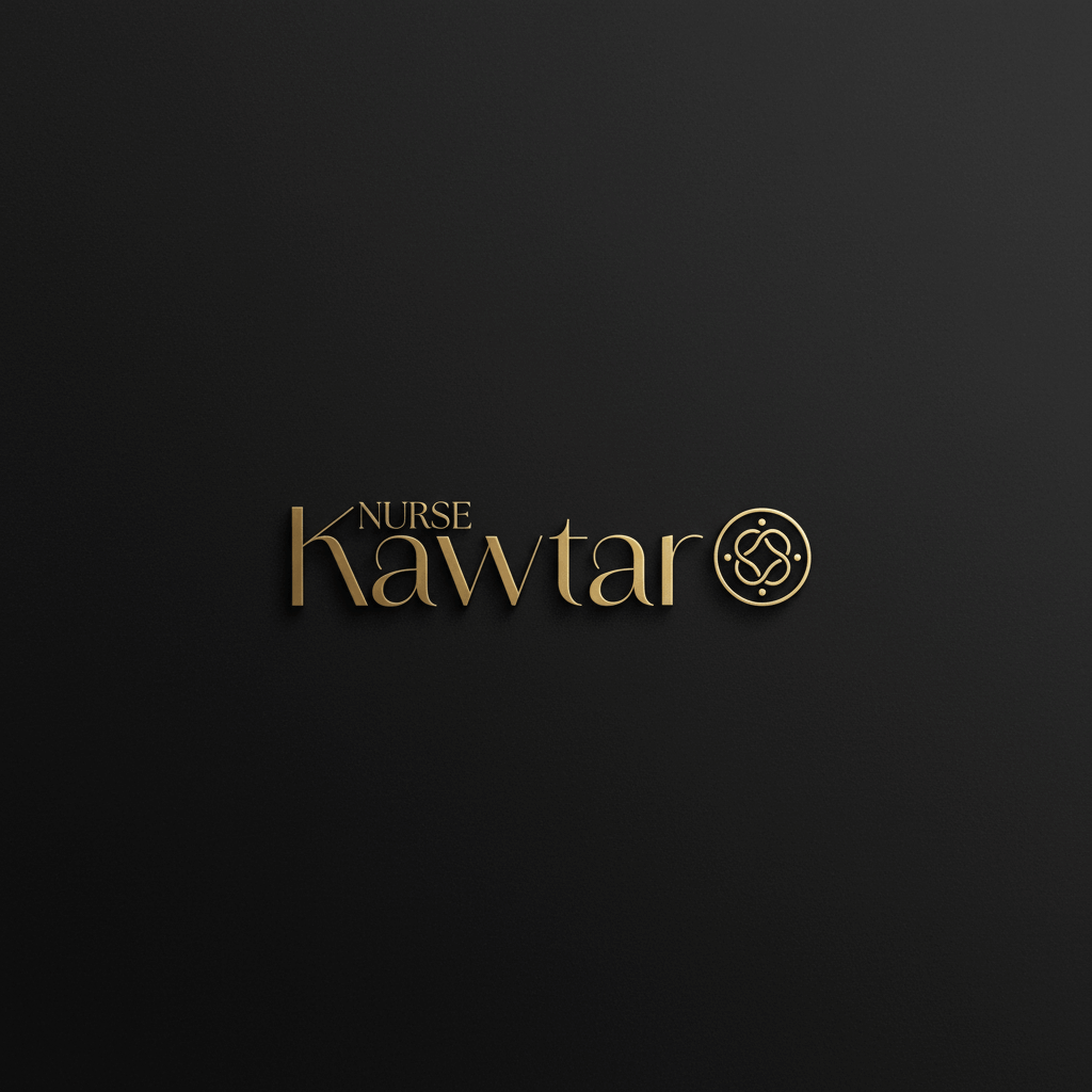 Gold logo with the text 'NURSE Kawtar' on a black background, featuring a circular design element with interconnected dots.