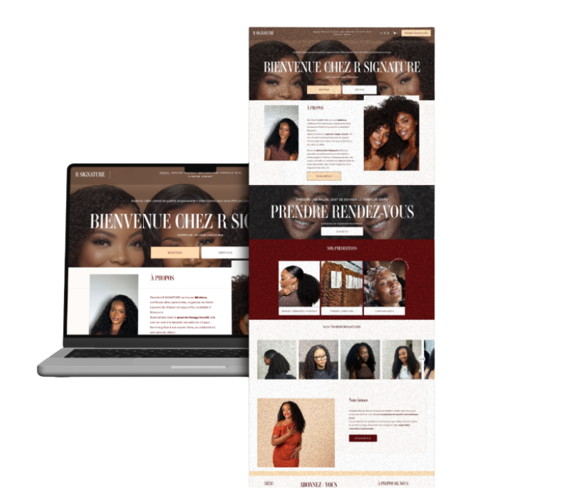 Two website screenshots on a laptop screen showing a hair salon's homepage with images of women with curly hair and French text promoting hair services and appointments.