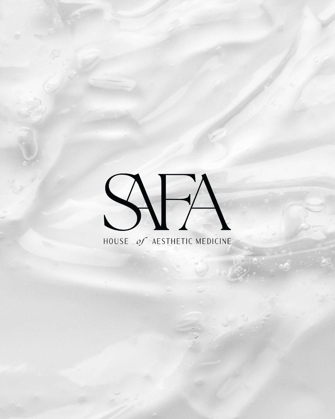 Logo for House of Aesthetic Medicine with large black text 'SFA' on a white, abstract, water-like background.