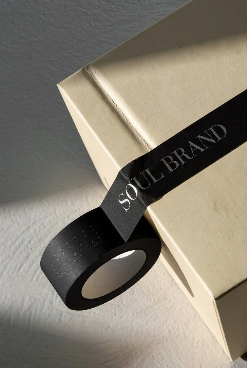 A roll of black tape labeled 'SOUL BRAND' hanging over a beige box on a textured white surface.