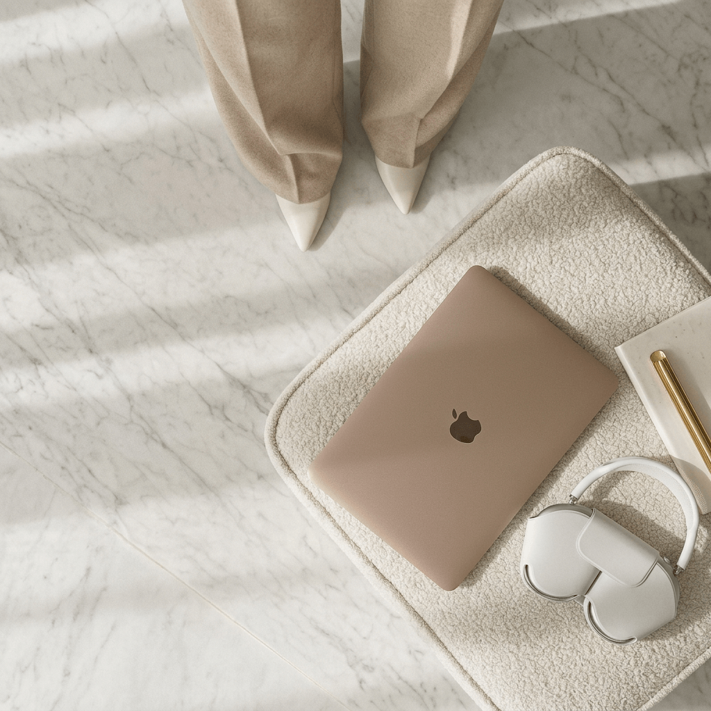 Top view of beige pants and white pointed shoes worn by a person standing on a white marble floor. A cream-colored textured side table holds a closed silver MacBook, headphones, and a gray tray with a white notebook and gold pen.