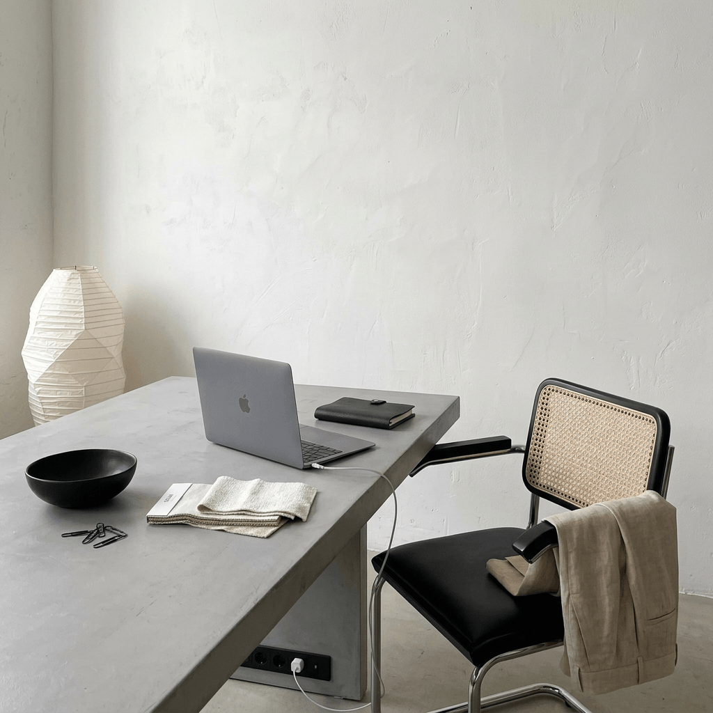 Minimalist home office desk with a laptop, a closed notebook, a black bowl, a folded cloth, and paper clips. A beige woven chair with a beige coat draped over it. A white paper lantern in the background against a plain white wall.
