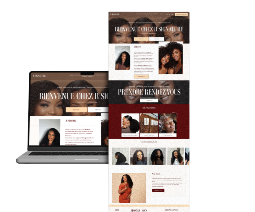 Screenshots of a hair salon website homepage featuring images of women with natural curly hair and text in French.