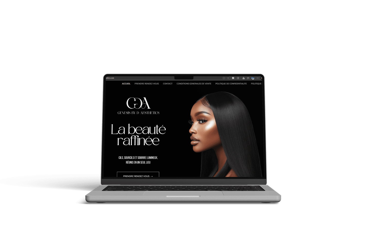 Laptop displaying a website for Genesis by D Aesthetics, featuring a woman with long, straight black hair and elegant makeup against a black background.