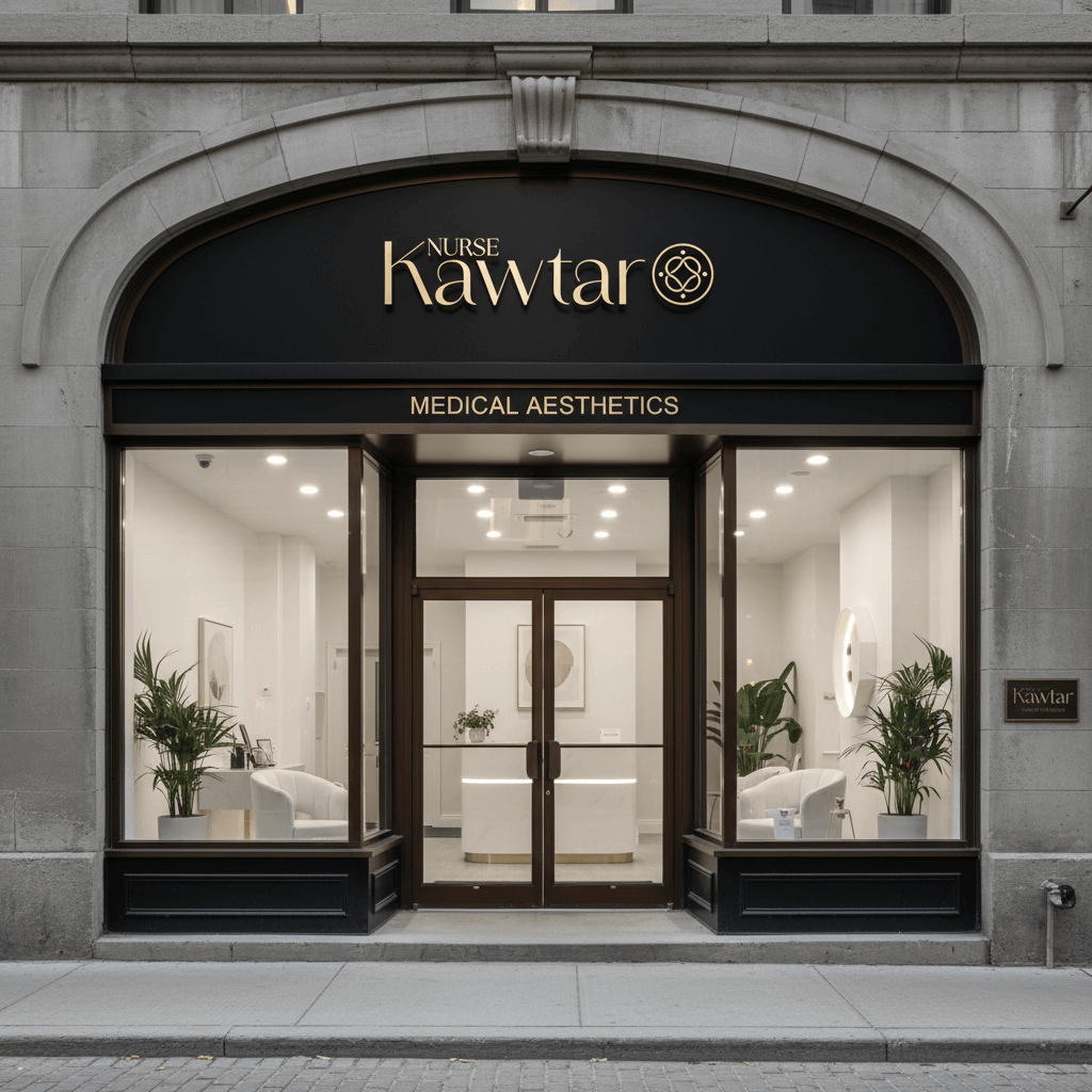Front of a medical aesthetics clinic called Nurse Kawtar with a black sign and glass door, decorated with white furniture and green plants inside.