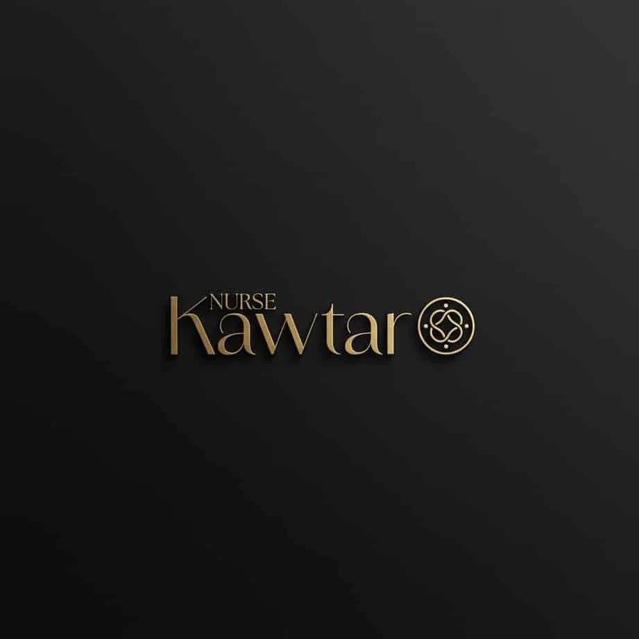 Gold logo with the text 'NURSE Kawtar' on a black background, featuring a circular design element with interconnected dots.