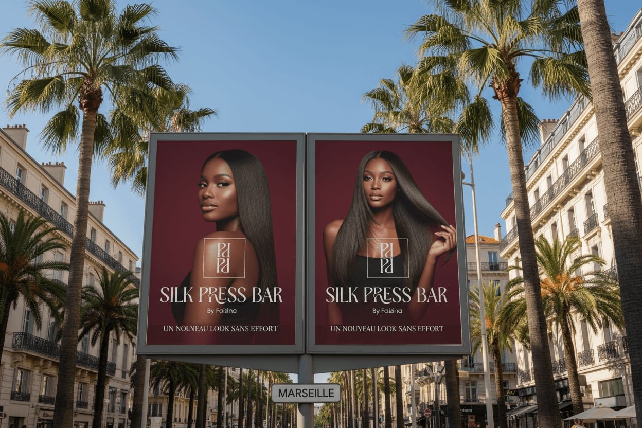 Two large advertisement posters for Silk Press Bar by Faaing, featuring two women with long, straight, dark hair, set against a background of palm trees and European-style buildings in Marseille.