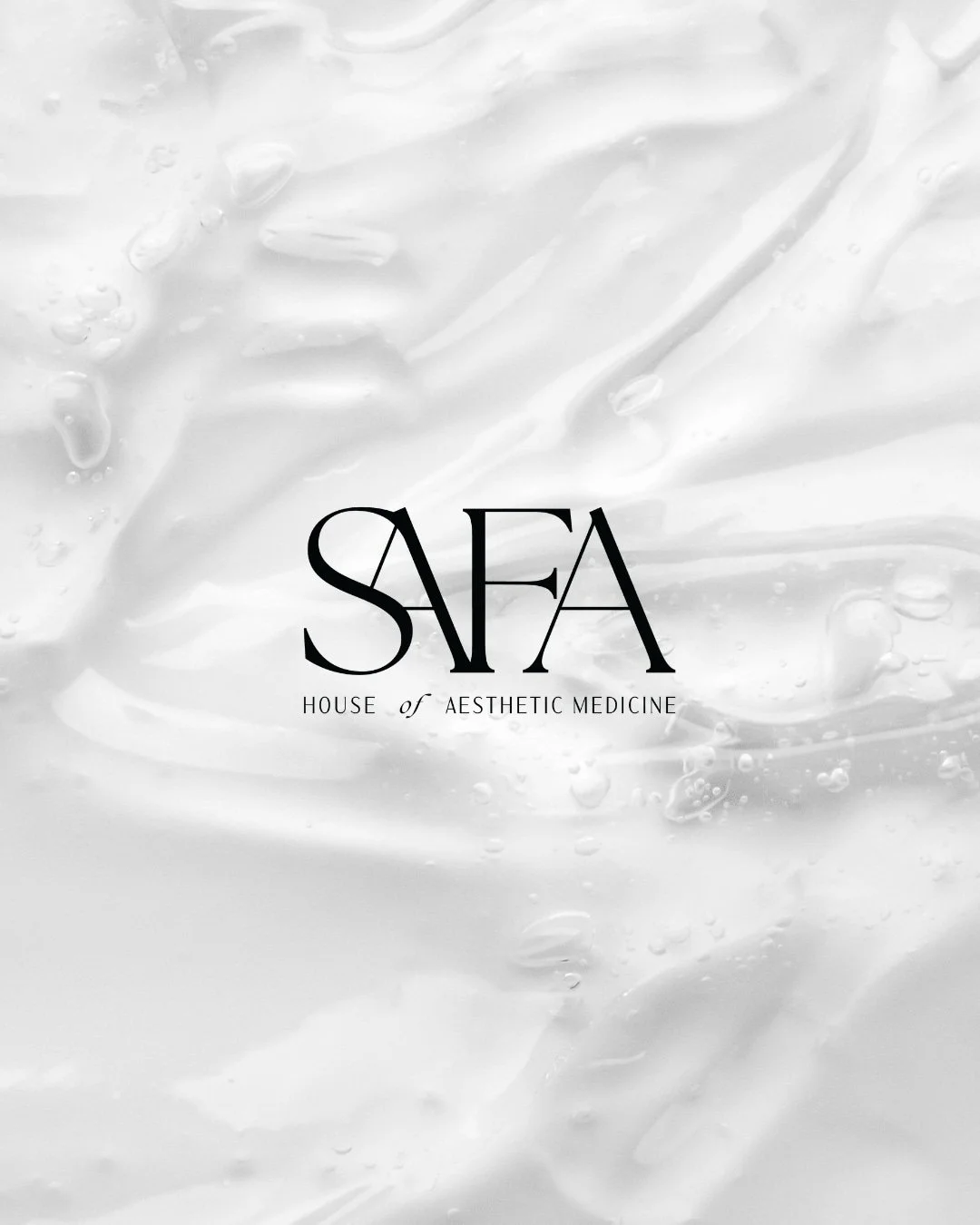 A gray, textured background that looks like a close-up of a fluid or gel. In the center, there is text that reads 'SFA' with smaller text below that says 'HOUSE of AESTHETIC MEDICINE'.