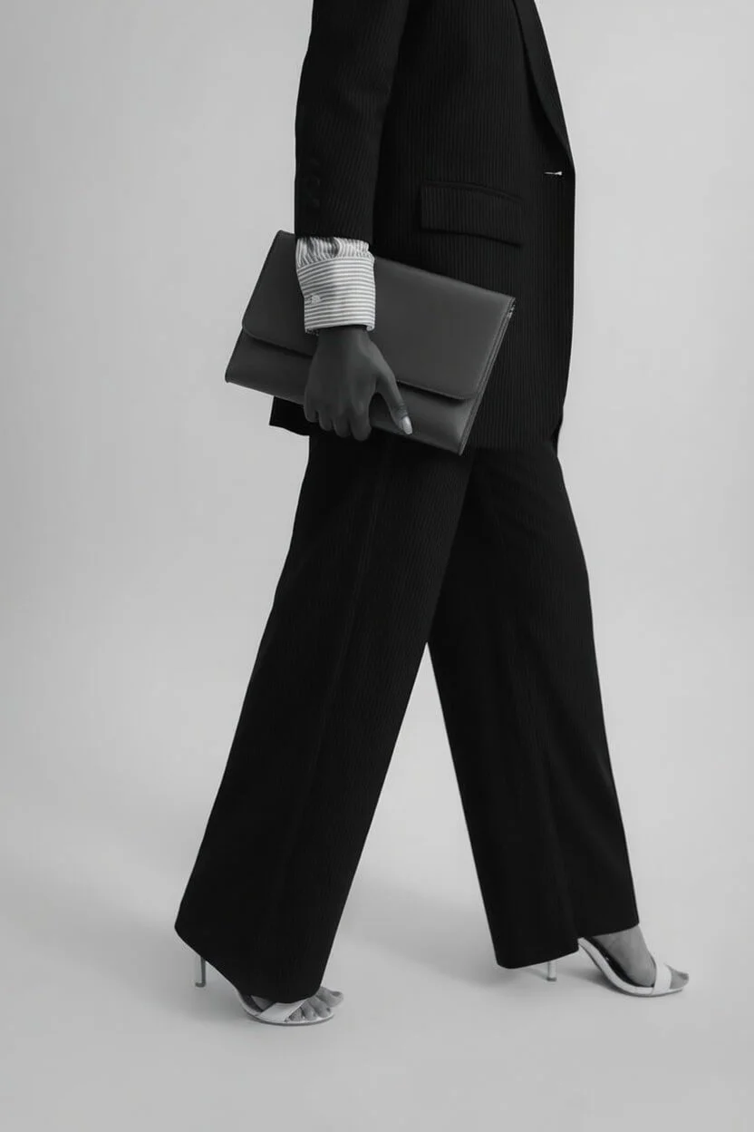 A person in black wide-leg pants and a black blazer, holding a gray clutch, wearing black gloves and high heels, standing against a plain light gray background.