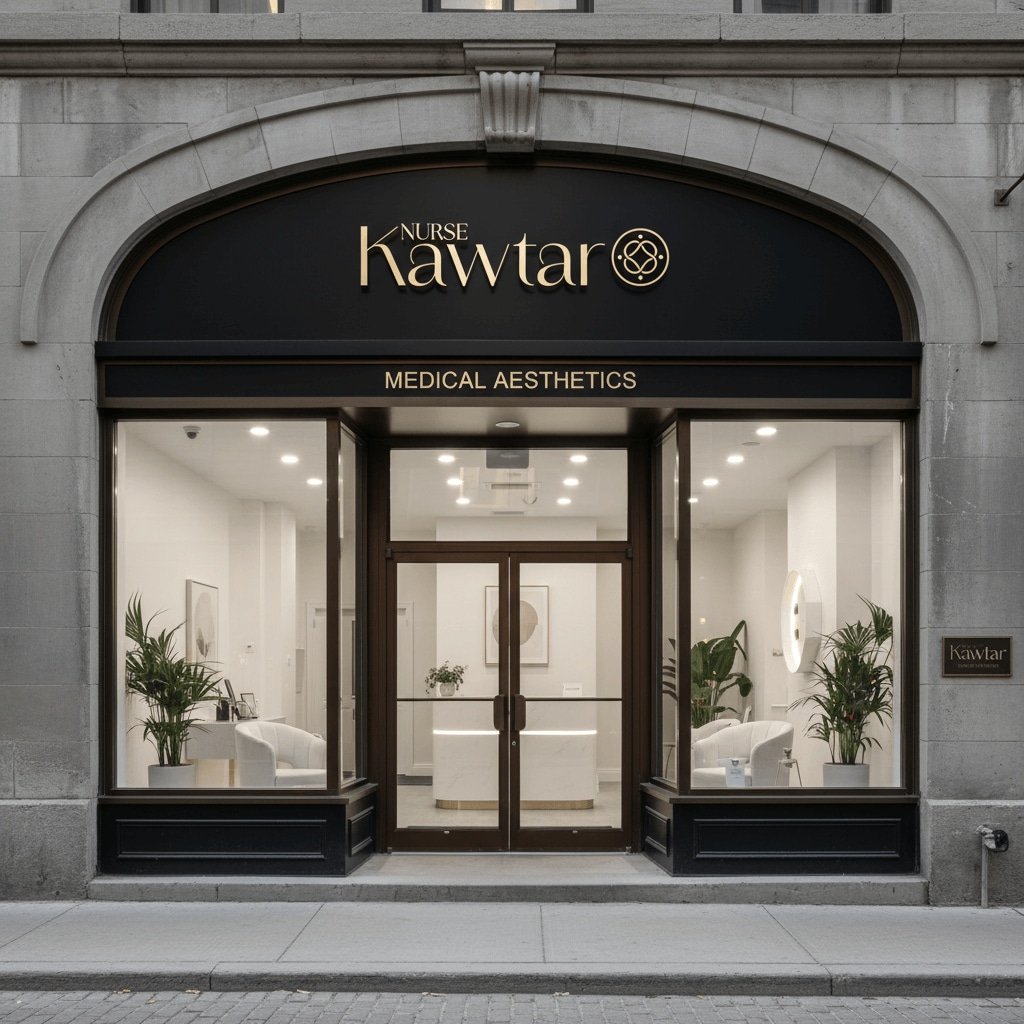 Exterior of a medical aesthetics clinic called Nurse Kawtar, with large windows and a black sign above the door. The interior is visible through the windows, showing white walls, plants, and modern seating.