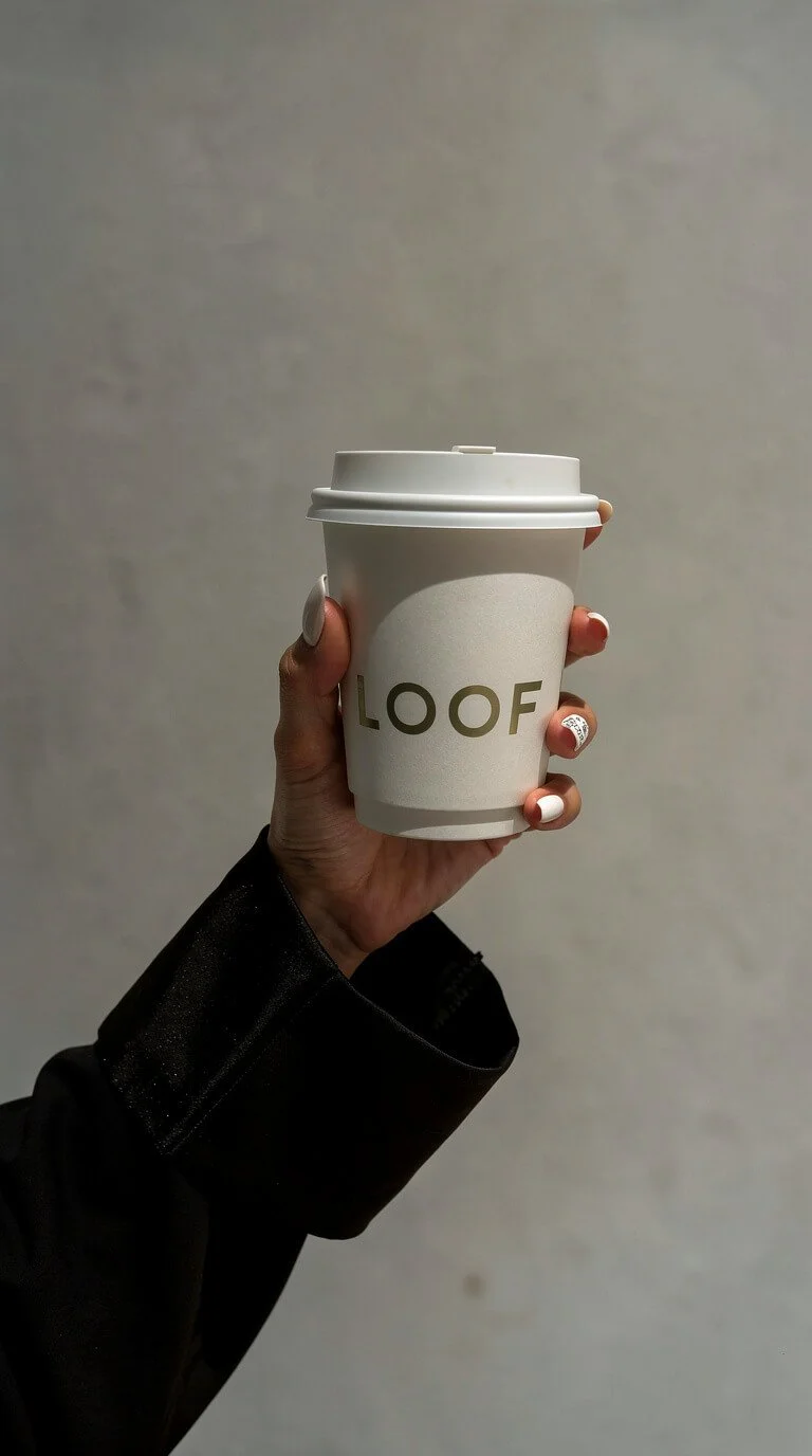 Person holding a white coffee cup with a lid, with the word 'LOOF' written on it, against a plain, gray wall background.
