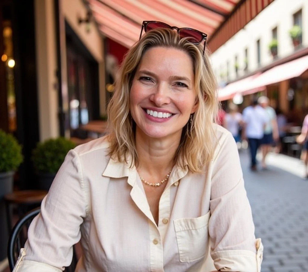 Smiling woman with blonde wavy hair sitting at an outdoor cafe during daytime, wearing a light-colored blouse and sunglasses on her head.