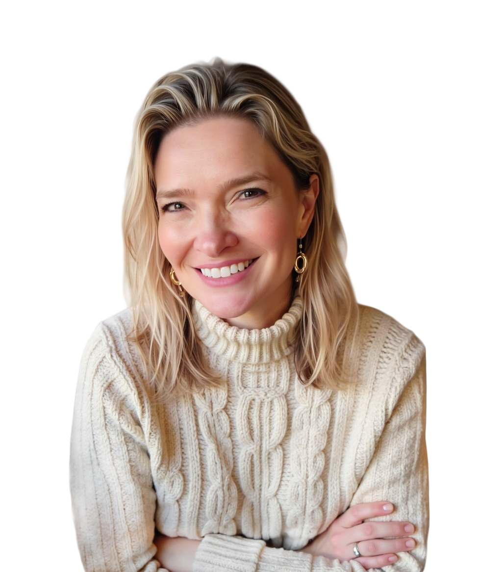 A smiling woman with blonde hair, wearing a cream-colored cable-knit turtleneck sweater and gold earrings.